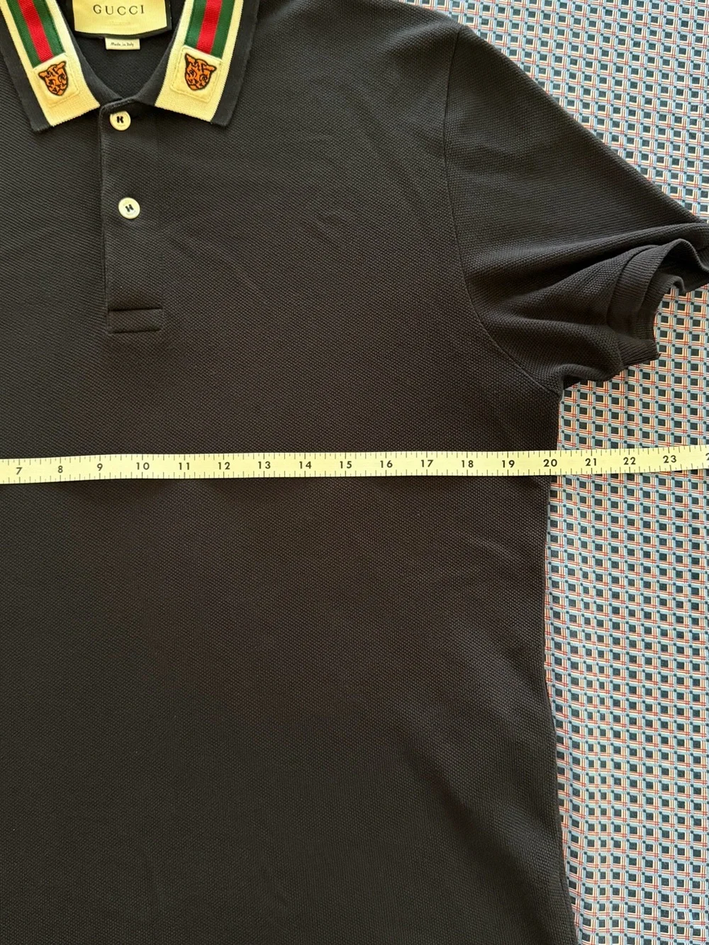 Gucci Black Polo with Green-Red Striped Collar and Embroidered Crests